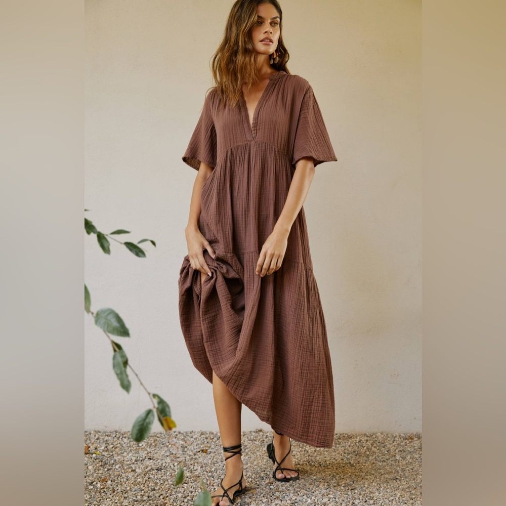 Anthropologie Kallie Flowy Maxi Dress Brown Crinkled Cotton Gauze Empire Waist